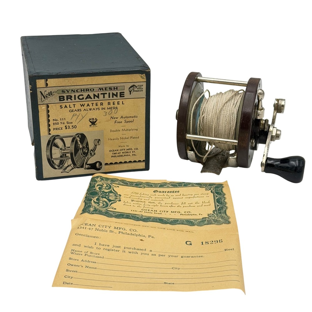 Vtg 30s Ocean City Brigantine No. 111 Salt Water Fishing Reel + Box & Warranty